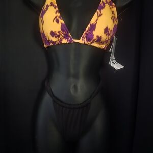 Zara Purple & Yellow Printed Triangle Bikini Top with Black Bottom